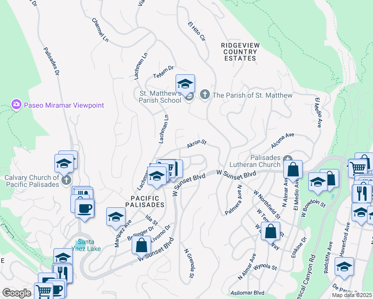 map of restaurants, bars, coffee shops, grocery stores, and more near 16544 Akron St in Pacific Palisades