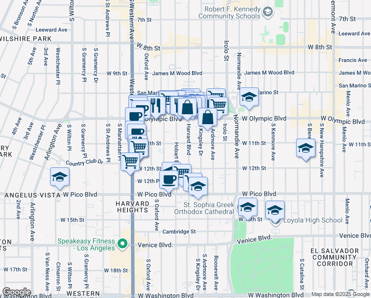 map of restaurants, bars, coffee shops, grocery stores, and more near 1101 South Harvard Boulevard in Los Angeles