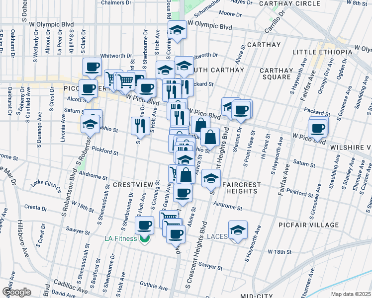 map of restaurants, bars, coffee shops, grocery stores, and more near 6125 Horner Street in Los Angeles