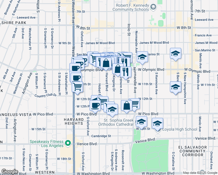 map of restaurants, bars, coffee shops, grocery stores, and more near 1127 South Kingsley Drive in Los Angeles