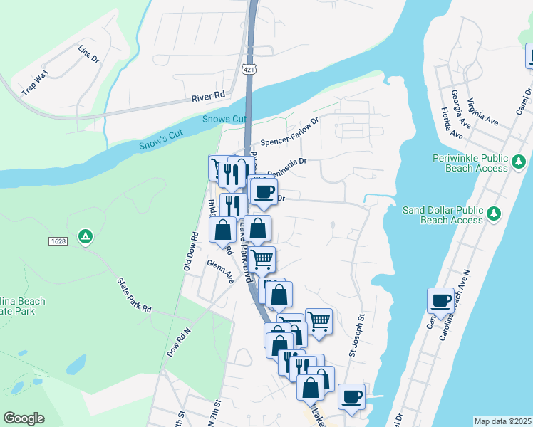 map of restaurants, bars, coffee shops, grocery stores, and more near 507 Jarrett Bay Drive in Carolina Beach