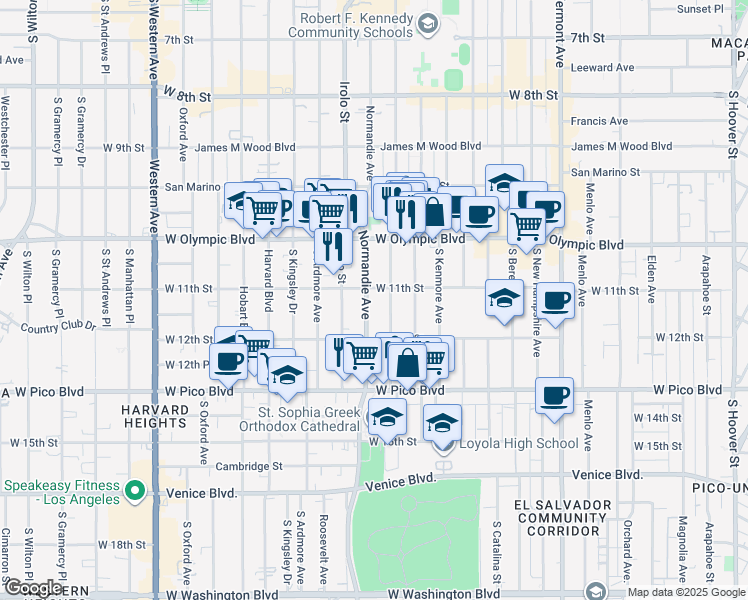 map of restaurants, bars, coffee shops, grocery stores, and more near 1129 South Mariposa Avenue in Los Angeles