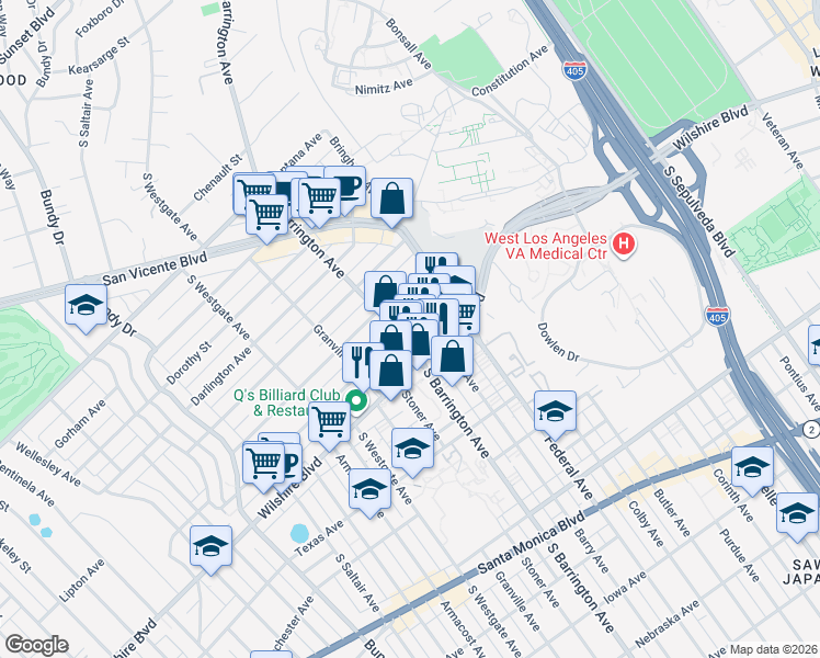 map of restaurants, bars, coffee shops, grocery stores, and more near 1154 South Barrington Avenue in Los Angeles