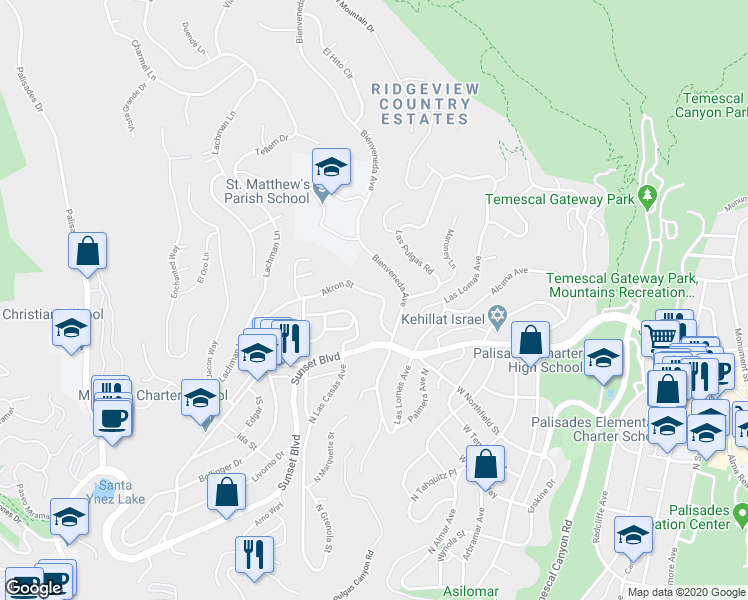 map of restaurants, bars, coffee shops, grocery stores, and more near 16426 Akron Street in Los Angeles