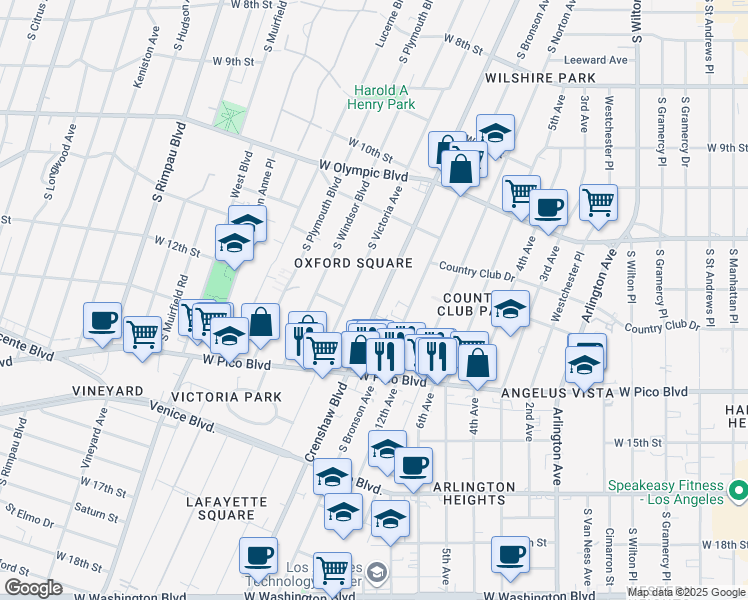 map of restaurants, bars, coffee shops, grocery stores, and more near 1189 Crenshaw Boulevard in Los Angeles