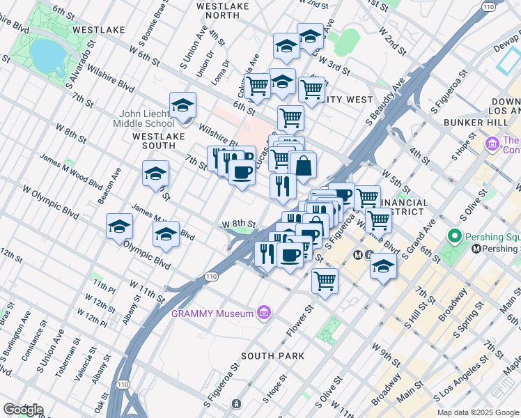 map of restaurants, bars, coffee shops, grocery stores, and more near 725 South Bixel Street in Los Angeles