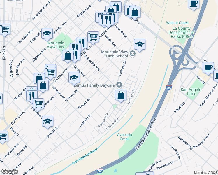 map of restaurants, bars, coffee shops, grocery stores, and more near 12527 Elliott Avenue in El Monte