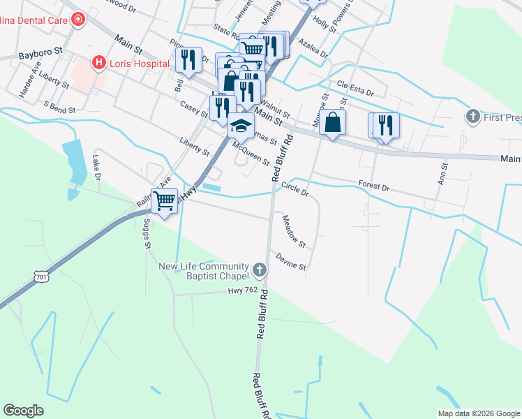 map of restaurants, bars, coffee shops, grocery stores, and more near 3215 Bryant Street in Loris