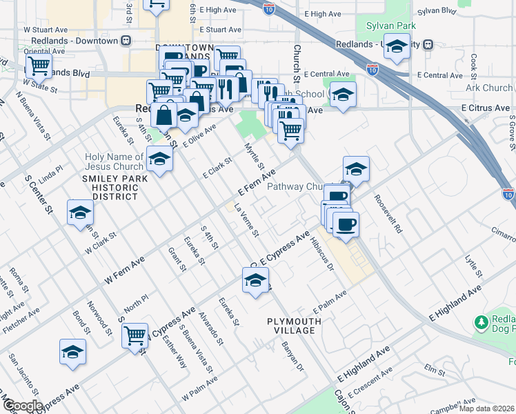 map of restaurants, bars, coffee shops, grocery stores, and more near in Redlands