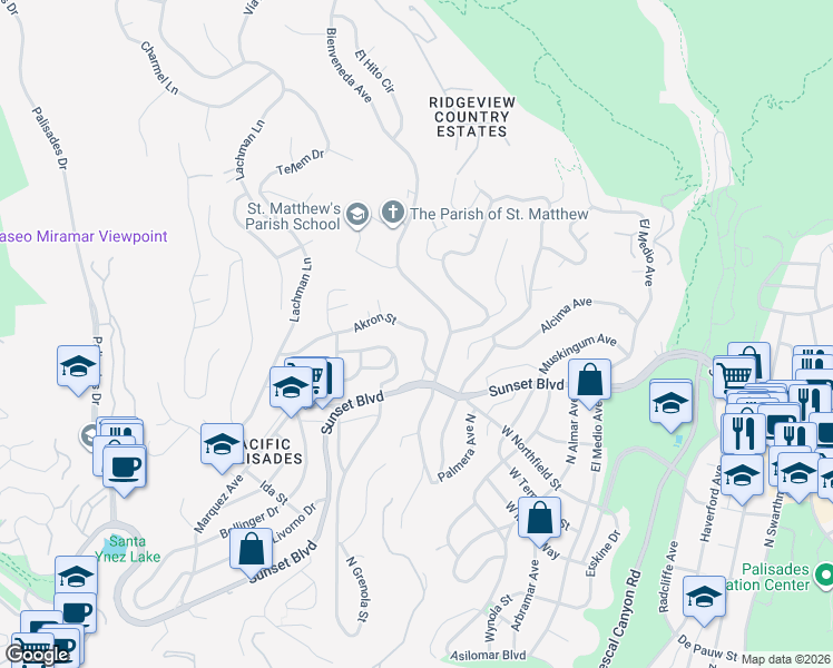 map of restaurants, bars, coffee shops, grocery stores, and more near 16426 Akron Street in Los Angeles