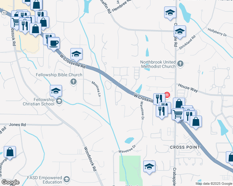 map of restaurants, bars, coffee shops, grocery stores, and more near 6035 Foxberry Lane in Roswell