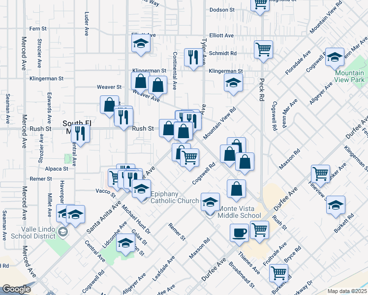 map of restaurants, bars, coffee shops, grocery stores, and more near 1860 Tyler Ave in South El Monte