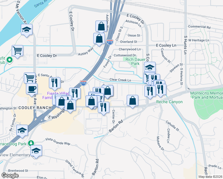 map of restaurants, bars, coffee shops, grocery stores, and more near 1150 South Meadow Lane in Colton