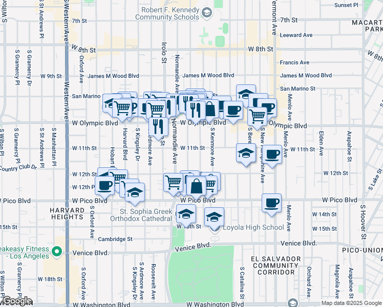 map of restaurants, bars, coffee shops, grocery stores, and more near 1129 South Mariposa Avenue in Los Angeles