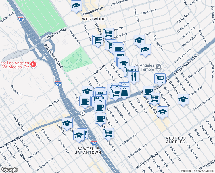 map of restaurants, bars, coffee shops, grocery stores, and more near 1621 Veteran Avenue in Los Angeles