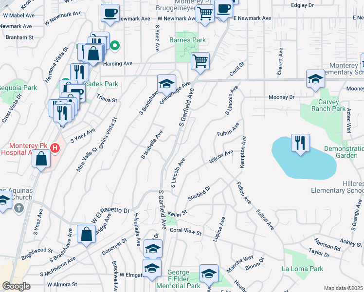 map of restaurants, bars, coffee shops, grocery stores, and more near 906 Garfield Avenue South in Monterey Park