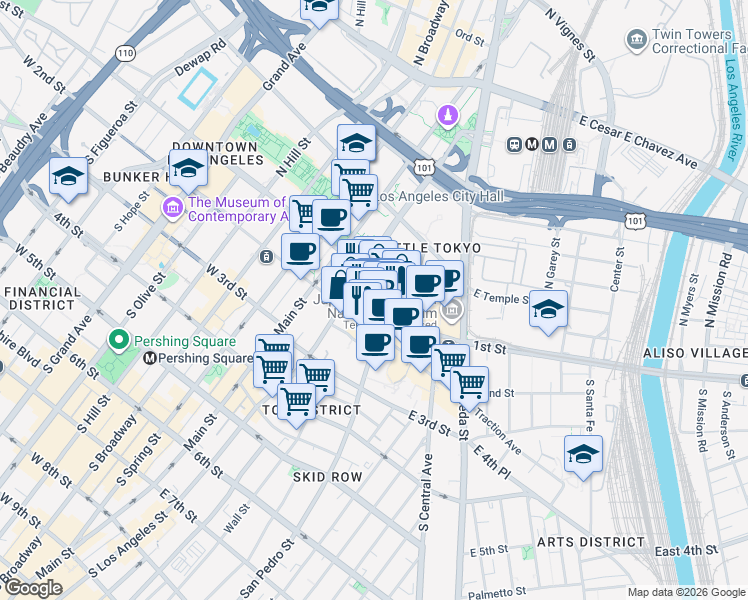 map of restaurants, bars, coffee shops, grocery stores, and more near 101-199 Astronaut E S Onizuka St in Los Angeles