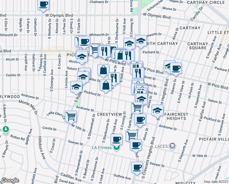map of restaurants, bars, coffee shops, grocery stores, and more near 1542 1/2 South Sherbourne Drive in Los Angeles