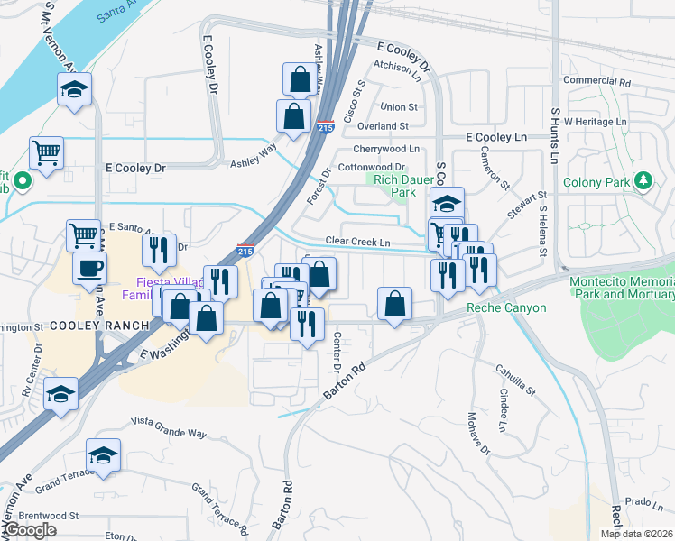 map of restaurants, bars, coffee shops, grocery stores, and more near 1800 East Old Ranch Road in Colton