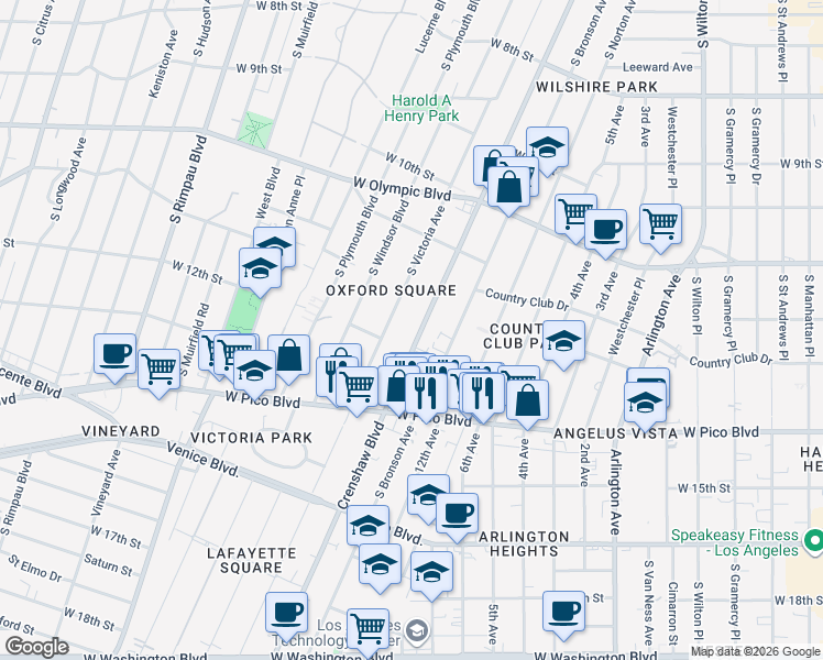 map of restaurants, bars, coffee shops, grocery stores, and more near 1191 Crenshaw Boulevard in Los Angeles