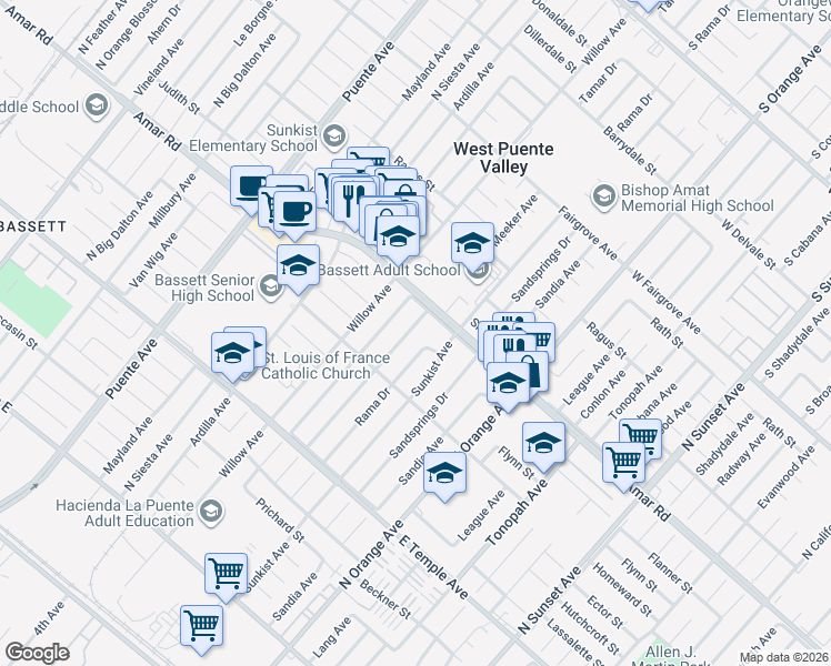 map of restaurants, bars, coffee shops, grocery stores, and more near 860 Meeker Avenue in La Puente