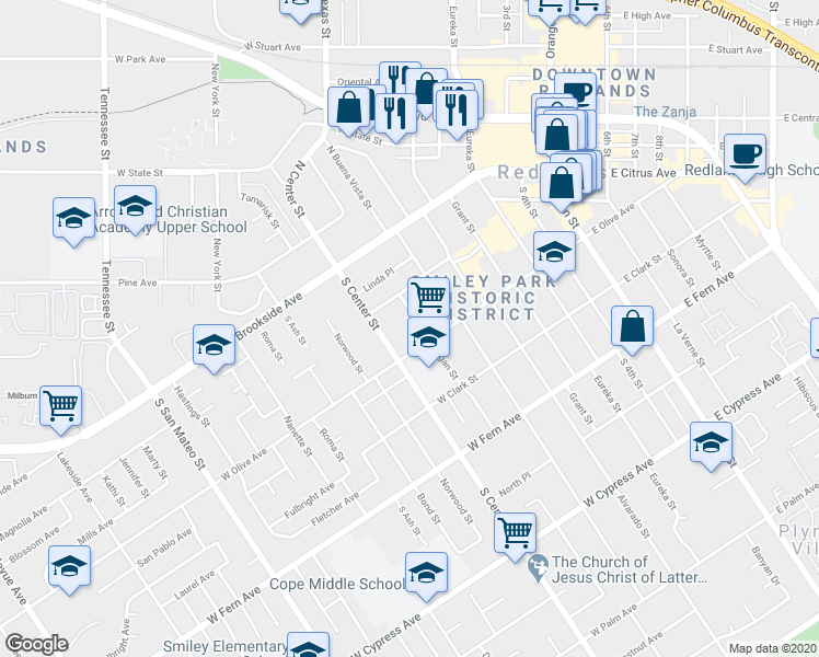 map of restaurants, bars, coffee shops, grocery stores, and more near 144 South Michigan Street in Redlands