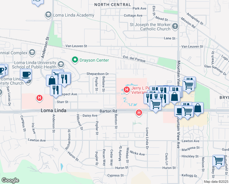 map of restaurants, bars, coffee shops, grocery stores, and more near 11232 Benton Street in Loma Linda