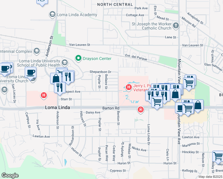 map of restaurants, bars, coffee shops, grocery stores, and more near 11212 Exeter Street in Loma Linda