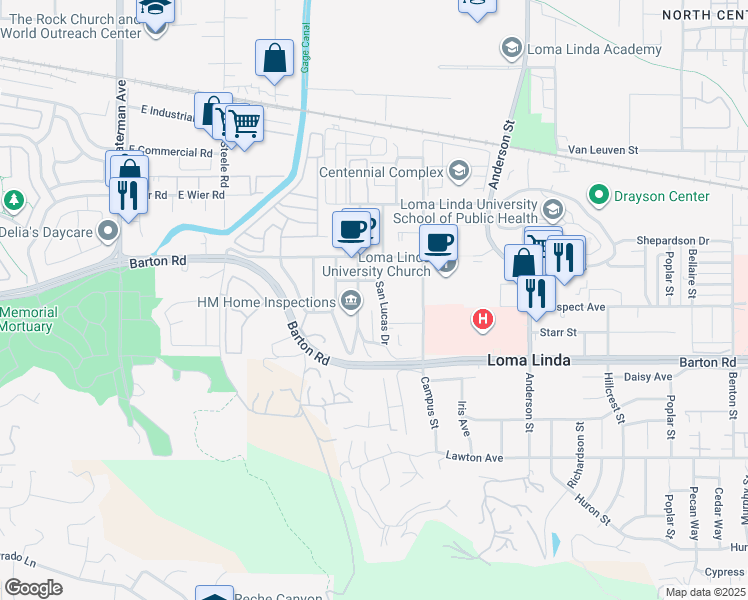map of restaurants, bars, coffee shops, grocery stores, and more near 11220 San Juan Street in Loma Linda