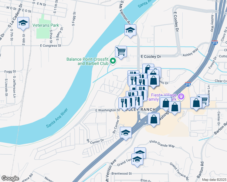 map of restaurants, bars, coffee shops, grocery stores, and more near 29 South Santo Antonio Drive in Colton