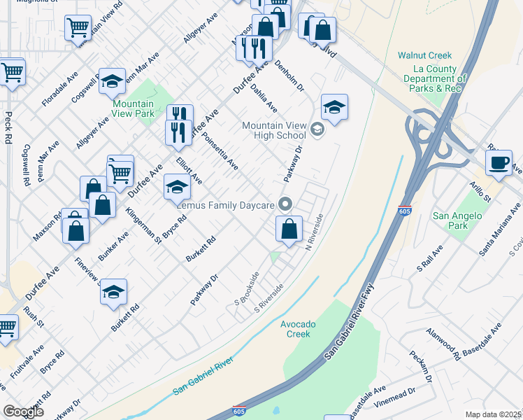 map of restaurants, bars, coffee shops, grocery stores, and more near 12527 Elliott Avenue in El Monte