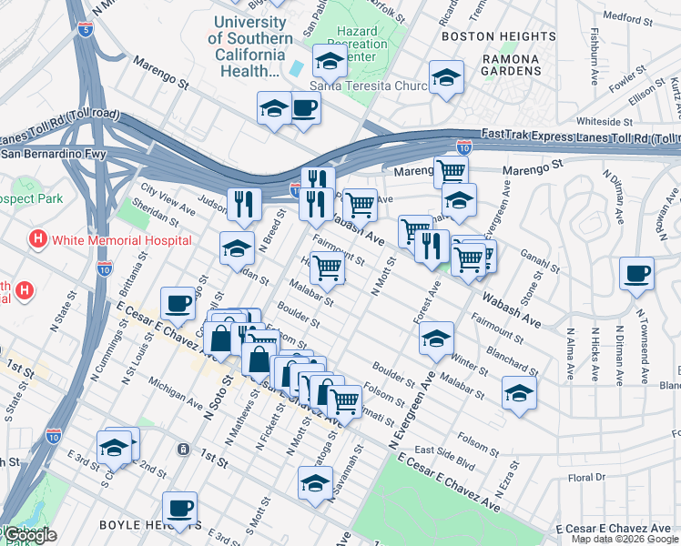 map of restaurants, bars, coffee shops, grocery stores, and more near 2506 Houston Street in Los Angeles