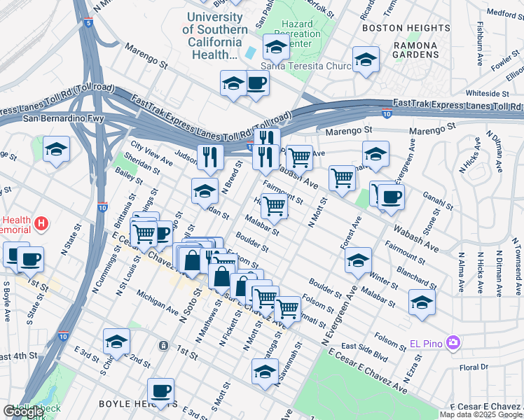 map of restaurants, bars, coffee shops, grocery stores, and more near 2431 Malabar Street in Los Angeles