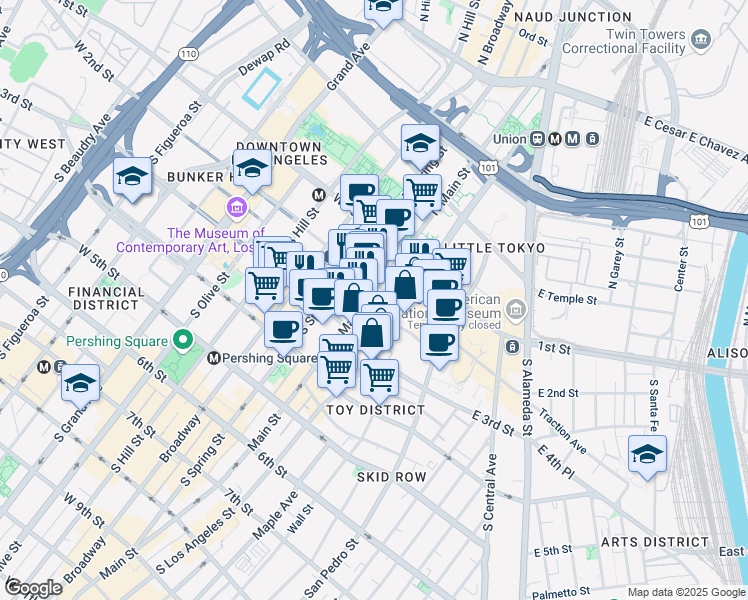 map of restaurants, bars, coffee shops, grocery stores, and more near 236 Main Street in Los Angeles