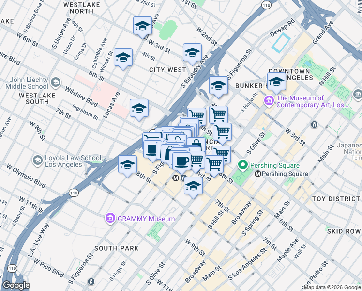 map of restaurants, bars, coffee shops, grocery stores, and more near 616 South Figueroa Street in Los Angeles