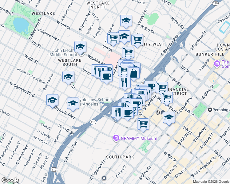 map of restaurants, bars, coffee shops, grocery stores, and more near 766 South Bixel Street in Los Angeles