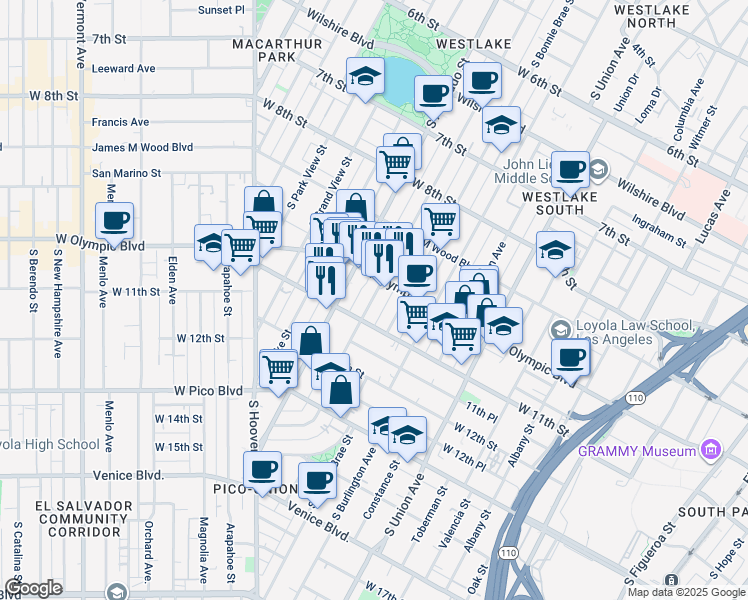 map of restaurants, bars, coffee shops, grocery stores, and more near 1048 South Westlake Avenue in Los Angeles