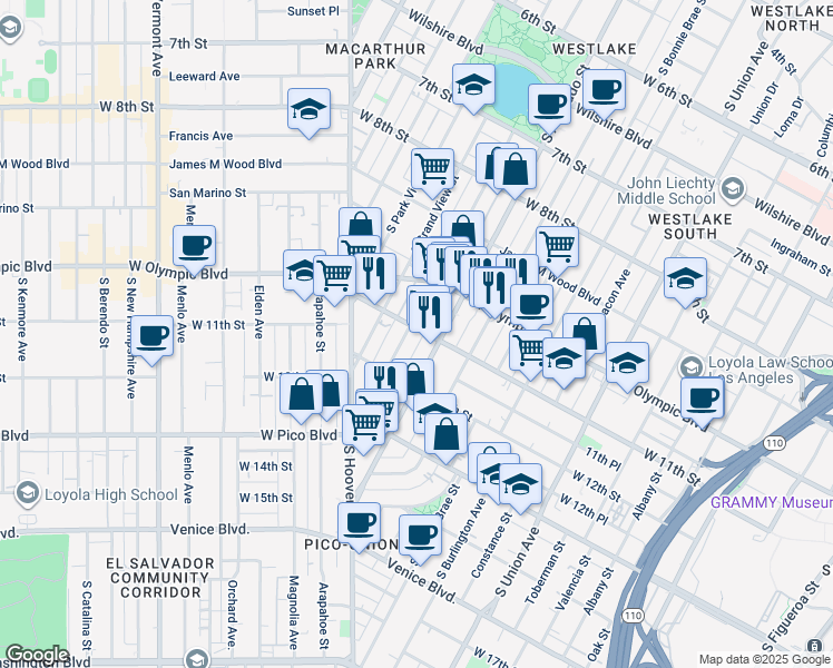 map of restaurants, bars, coffee shops, grocery stores, and more near 2100w West 11th Street in Los Angeles