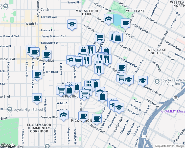 map of restaurants, bars, coffee shops, grocery stores, and more near 1125 South Lake Street in Los Angeles