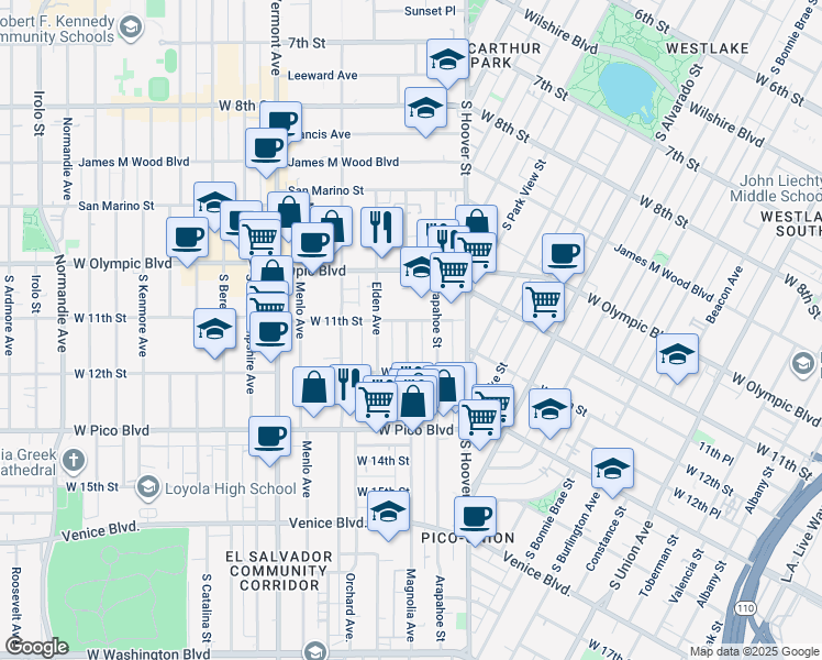 map of restaurants, bars, coffee shops, grocery stores, and more near 1125 Magnolia Avenue in Los Angeles