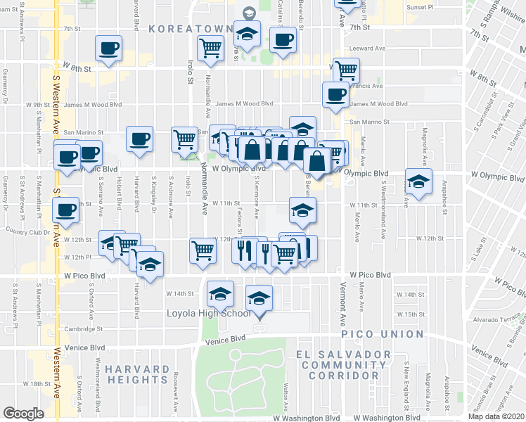 map of restaurants, bars, coffee shops, grocery stores, and more near 1134 South Kenmore Avenue in Los Angeles