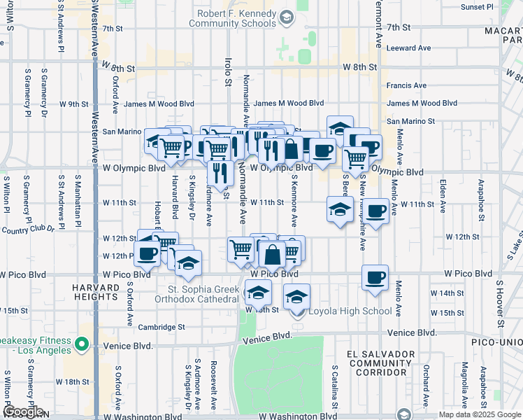 map of restaurants, bars, coffee shops, grocery stores, and more near 1129 South Mariposa Avenue in Los Angeles