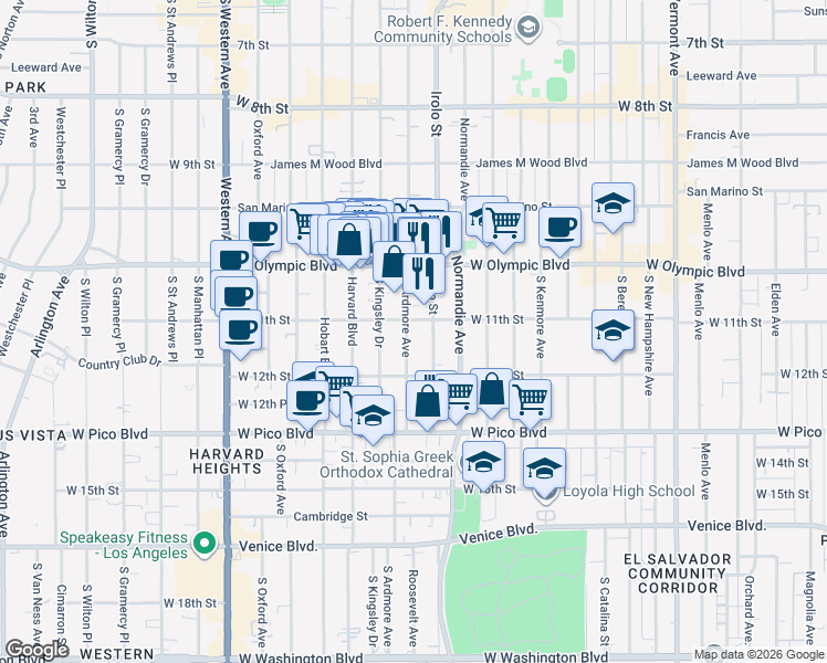 map of restaurants, bars, coffee shops, grocery stores, and more near 1128 South Ardmore Avenue in Los Angeles