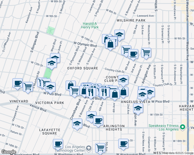 map of restaurants, bars, coffee shops, grocery stores, and more near 1203 South Bronson Avenue in Los Angeles
