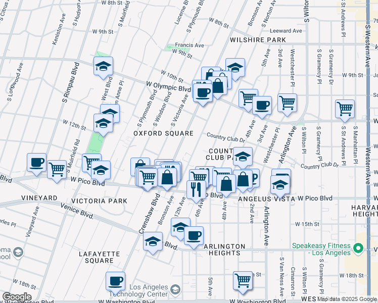 map of restaurants, bars, coffee shops, grocery stores, and more near 1203 South Bronson Avenue in Los Angeles