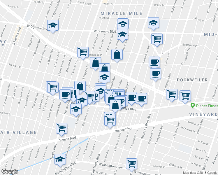 map of restaurants, bars, coffee shops, grocery stores, and more near 1328 South Cochran Avenue in Los Angeles