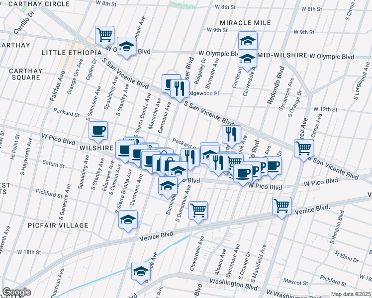 map of restaurants, bars, coffee shops, grocery stores, and more near 1326 South Ridgeley Drive in Los Angeles