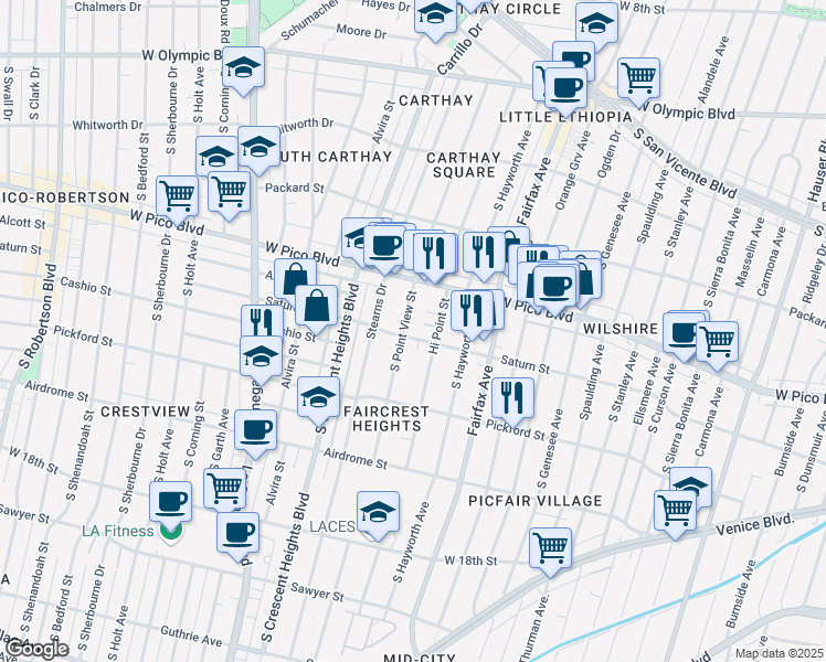 map of restaurants, bars, coffee shops, grocery stores, and more near 1501 Hi Point Street in Los Angeles