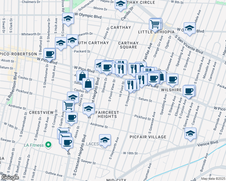 map of restaurants, bars, coffee shops, grocery stores, and more near 1501 Hi Point Street in Los Angeles