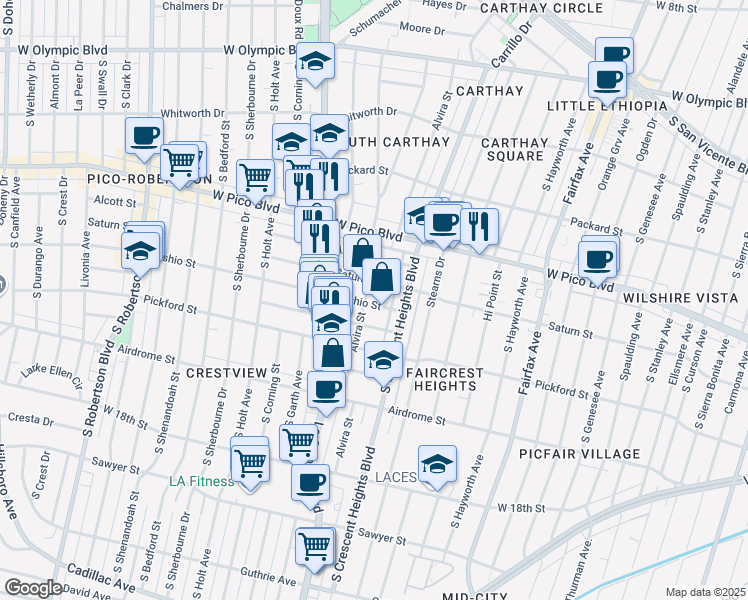 map of restaurants, bars, coffee shops, grocery stores, and more near 6082 Cashio Street in Los Angeles